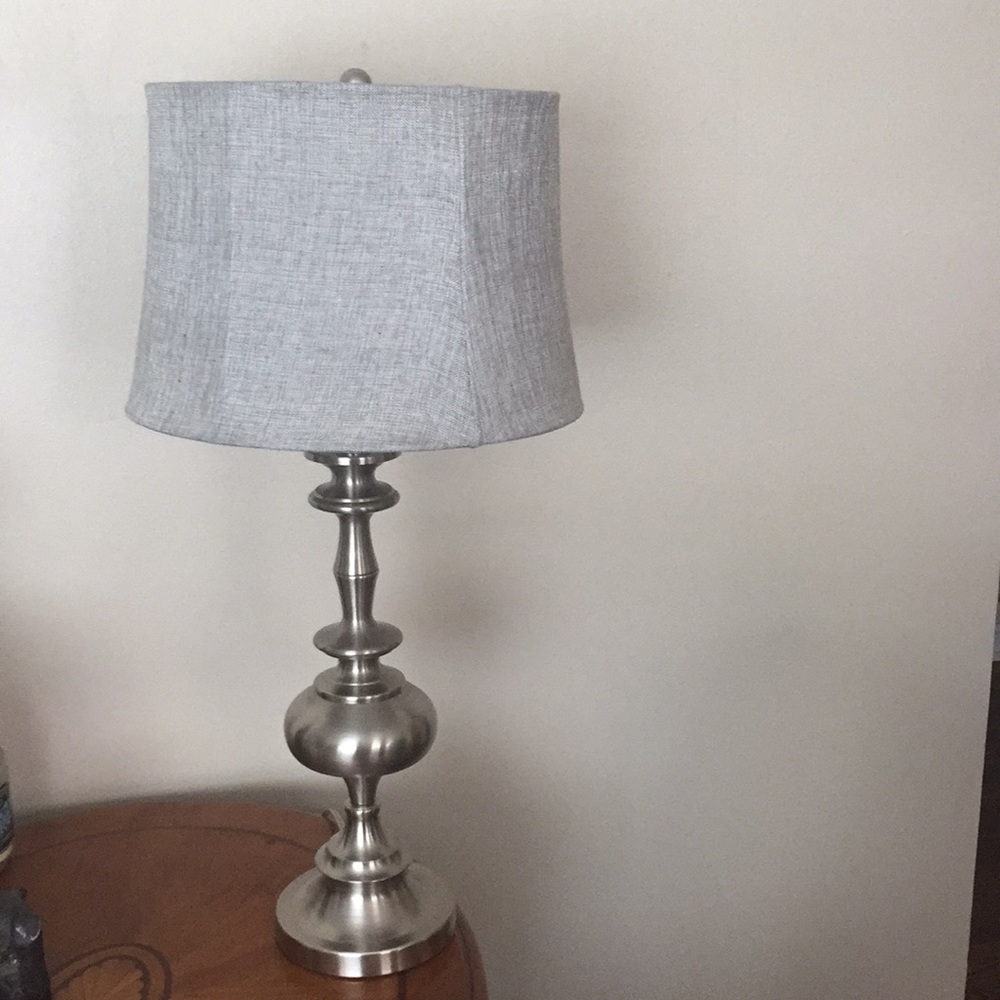 Silver lamp base with grey linen lampshade